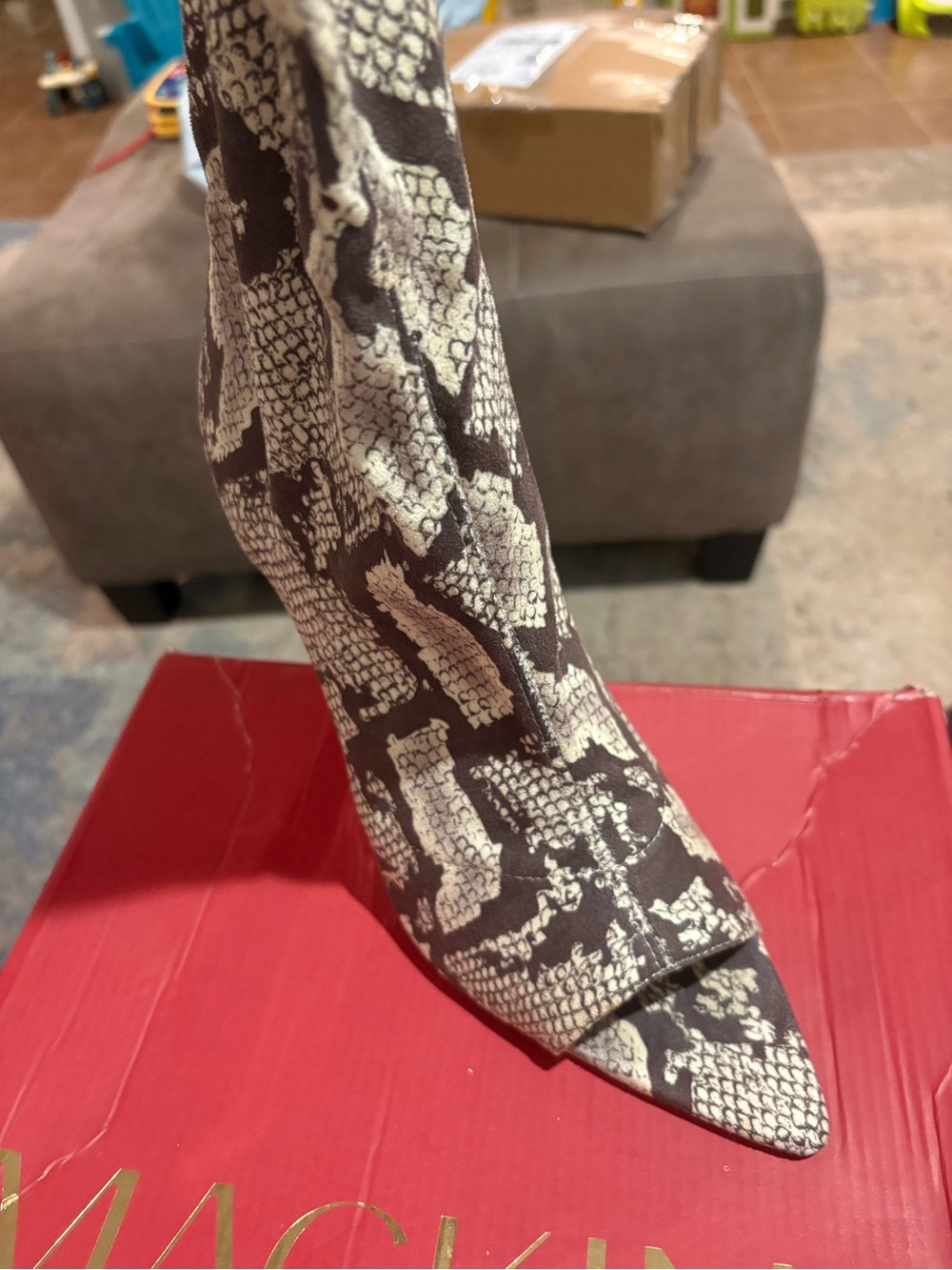 Sock Boot Stiletto in Brown & Cream Snake Print